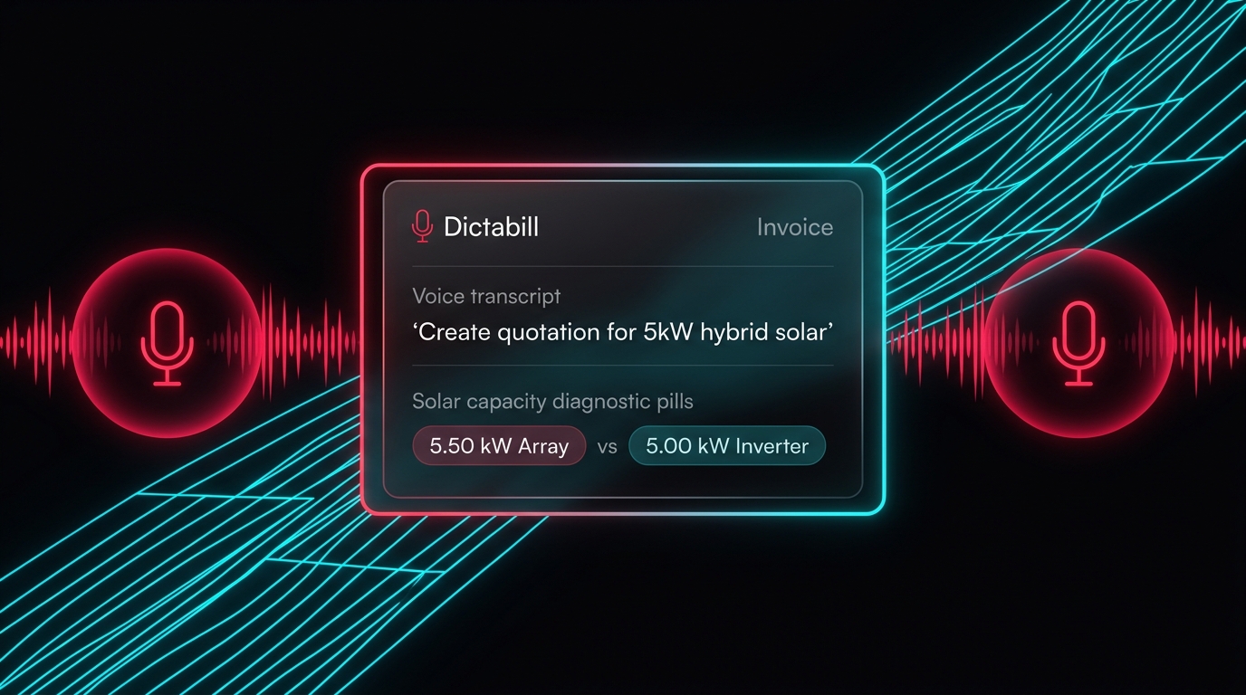 Dictabill Voice-First Invoicing & Solar Quotations Interface