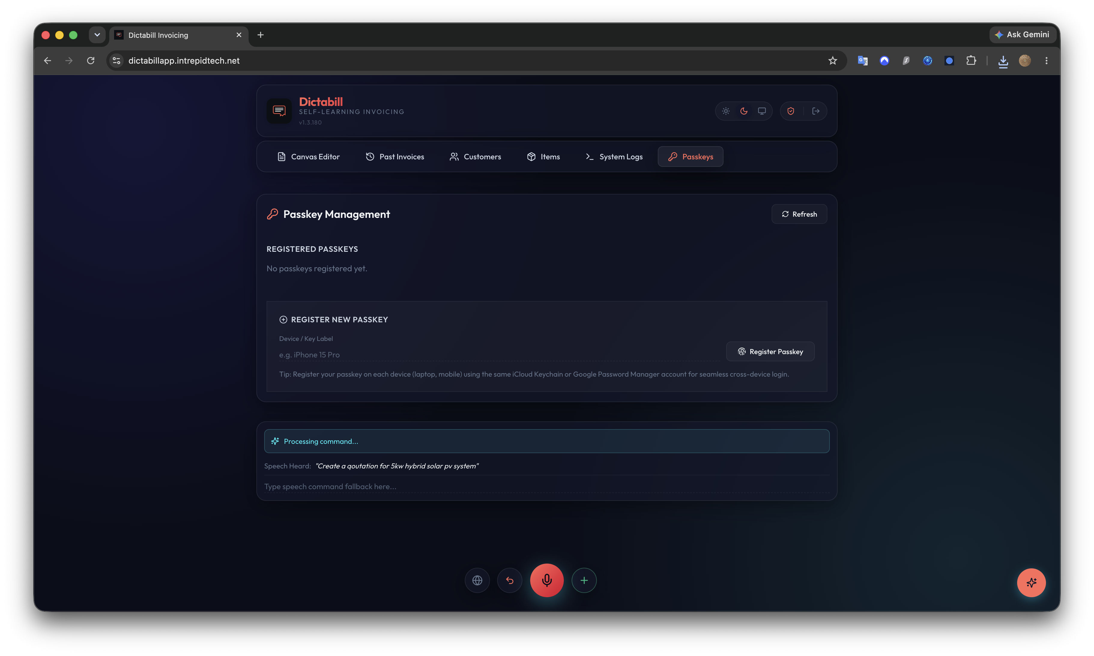 Dictabill WebAuthn Passkey Biometric Management