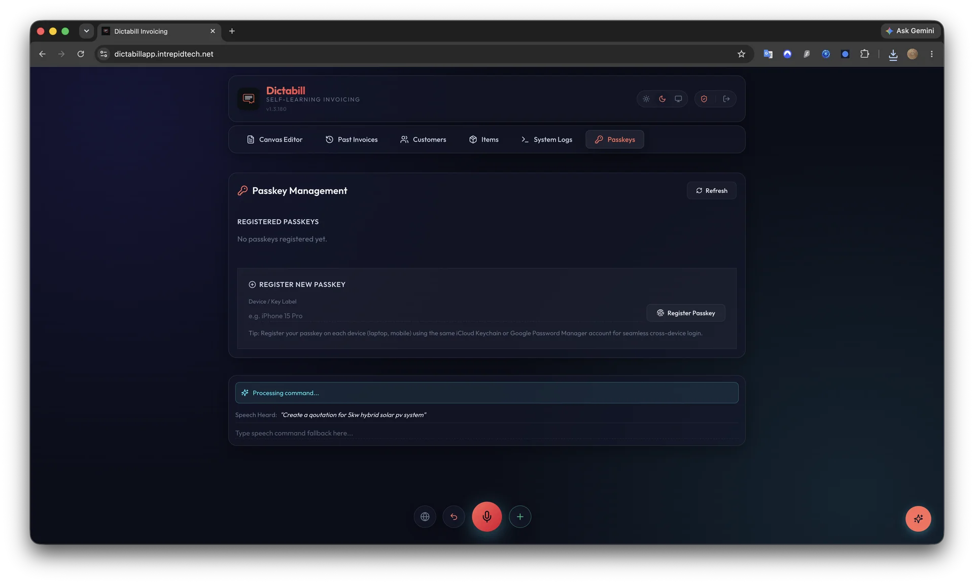 Dictabill WebAuthn Passkey Biometric Management